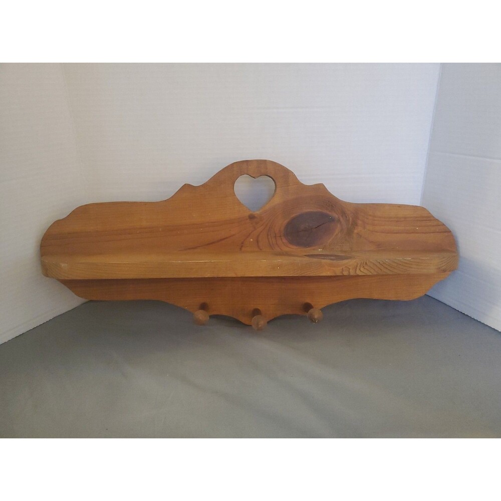 Vtg Handmade 22" Wood Heart 3 Peg Shelf County Core Farmhouse Decor